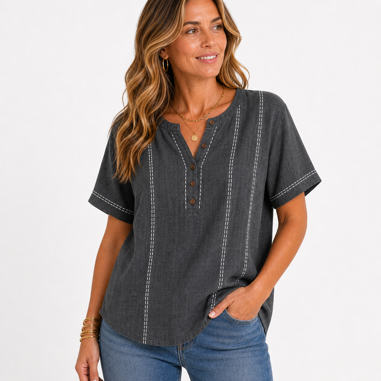 Charcoal women's contrast stitch Henley top