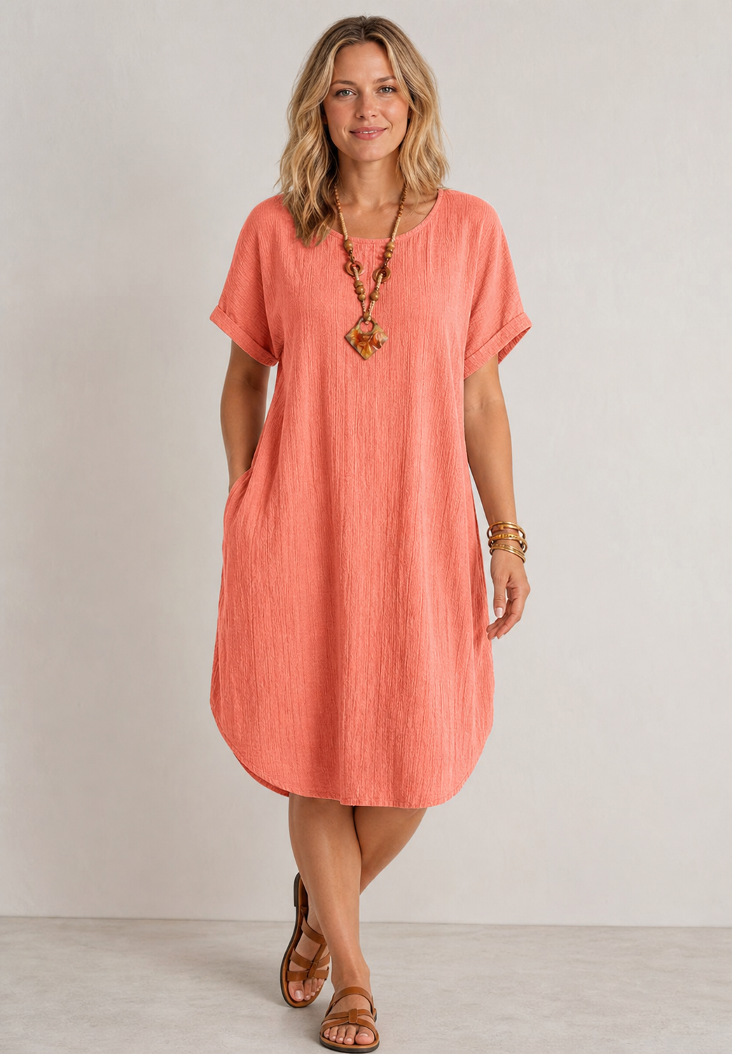 Coral women's loose cotton linen shift dress