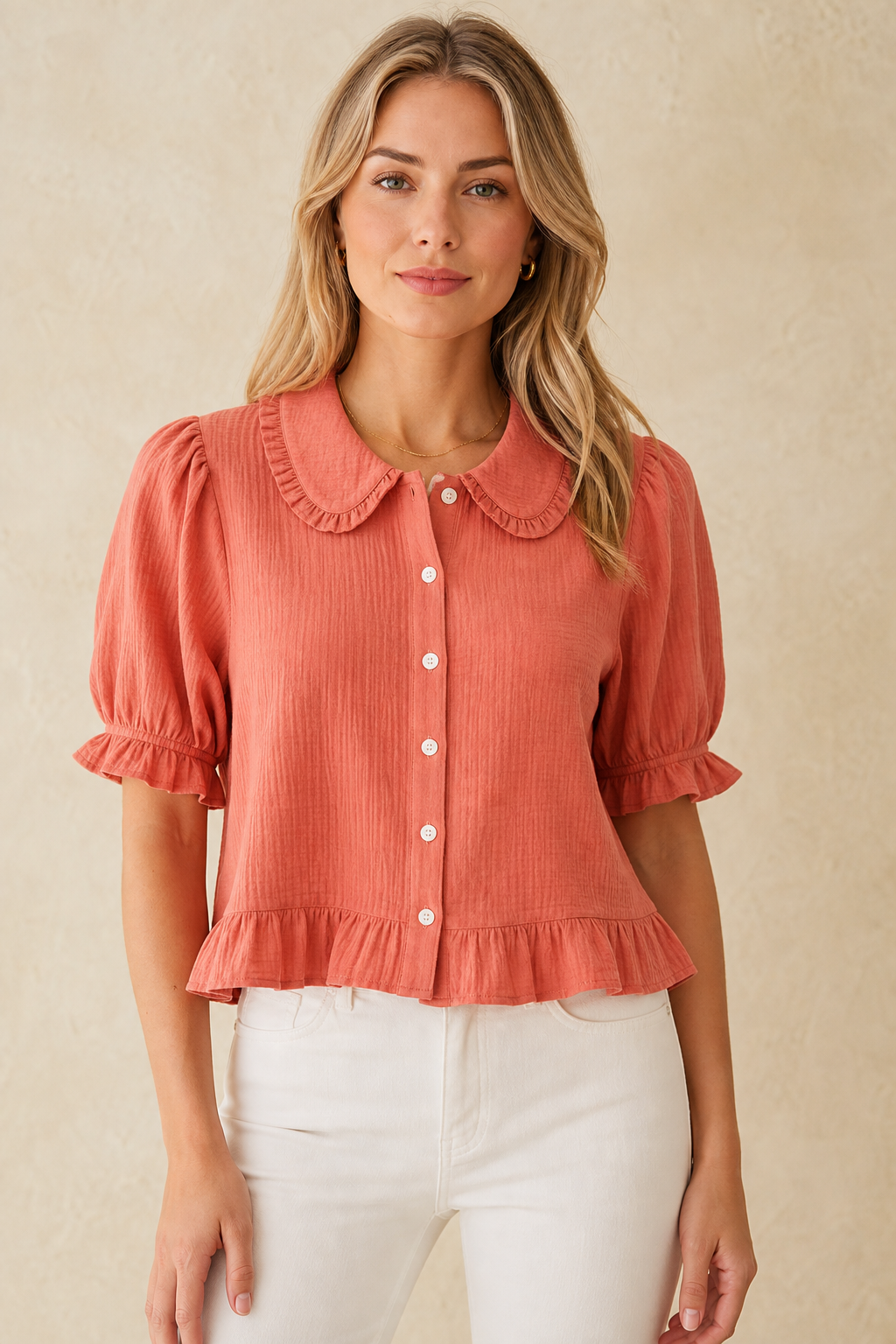 Coral women's ruffle collar button blouse