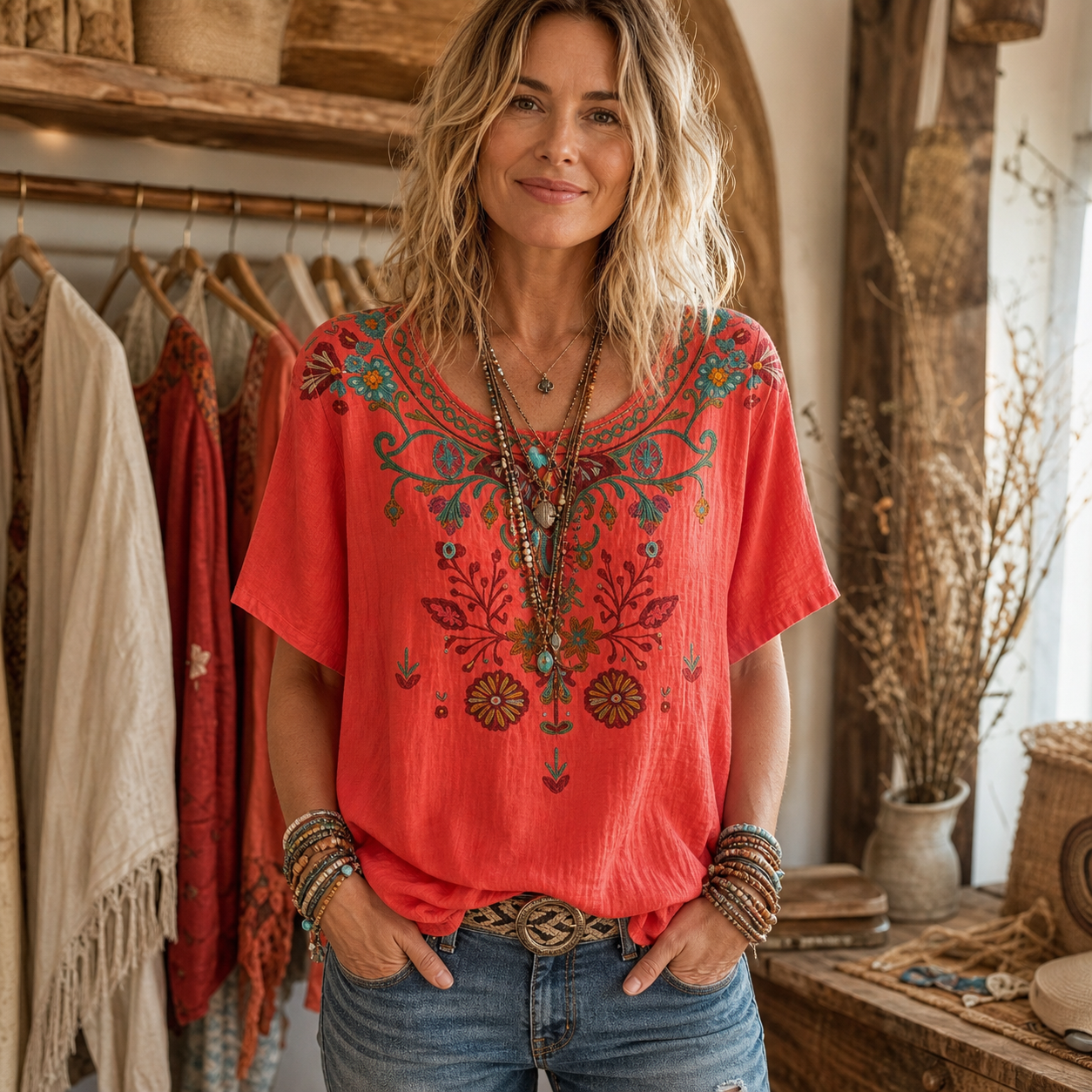 Coral Red women's boho embroidered blouse
