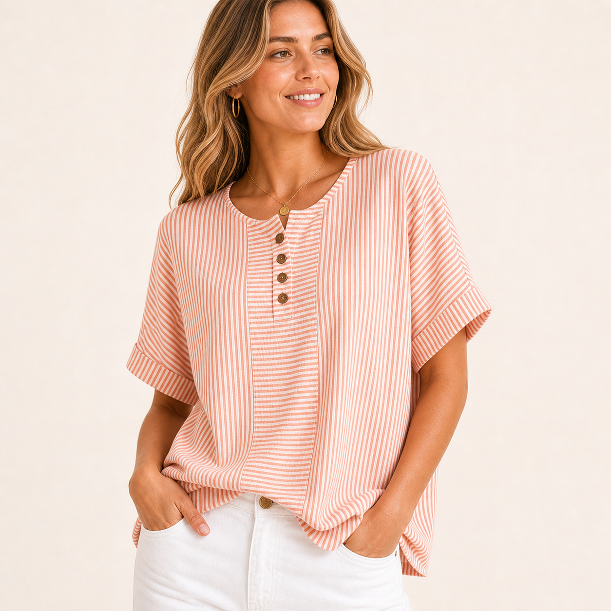 Coral Stripe women's striped button henley top