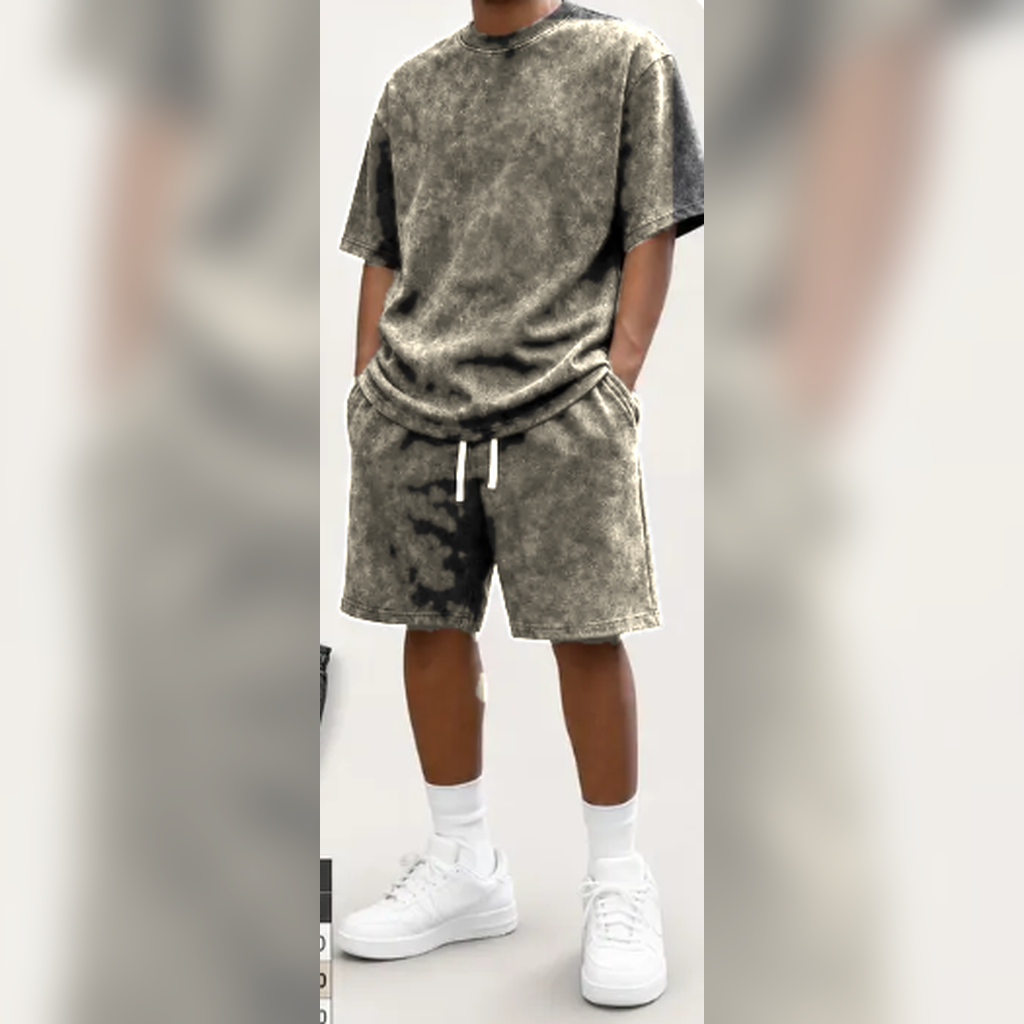 Cream men's washed tee and shorts set model