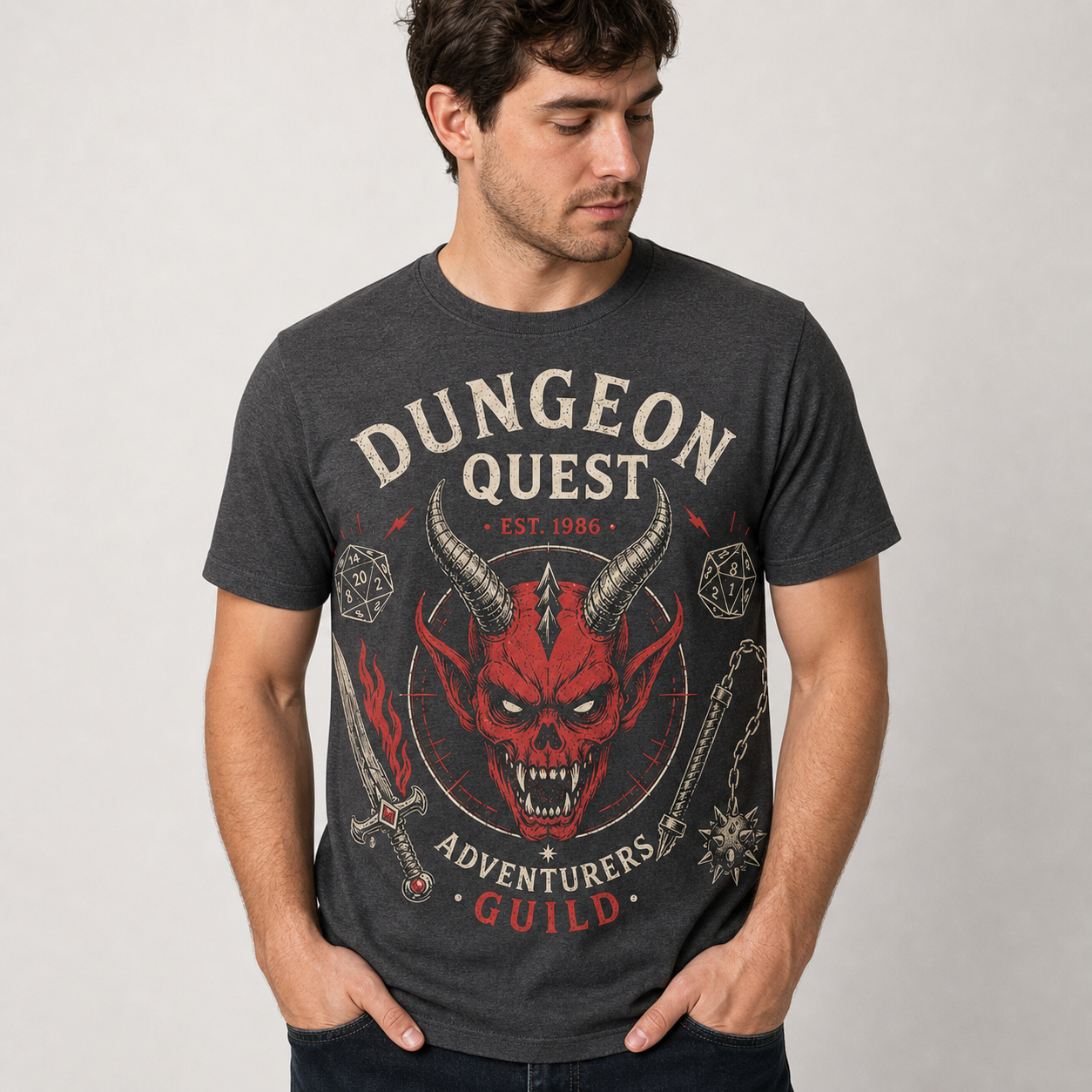 Dark Heather men's dungeon quest graphic tee