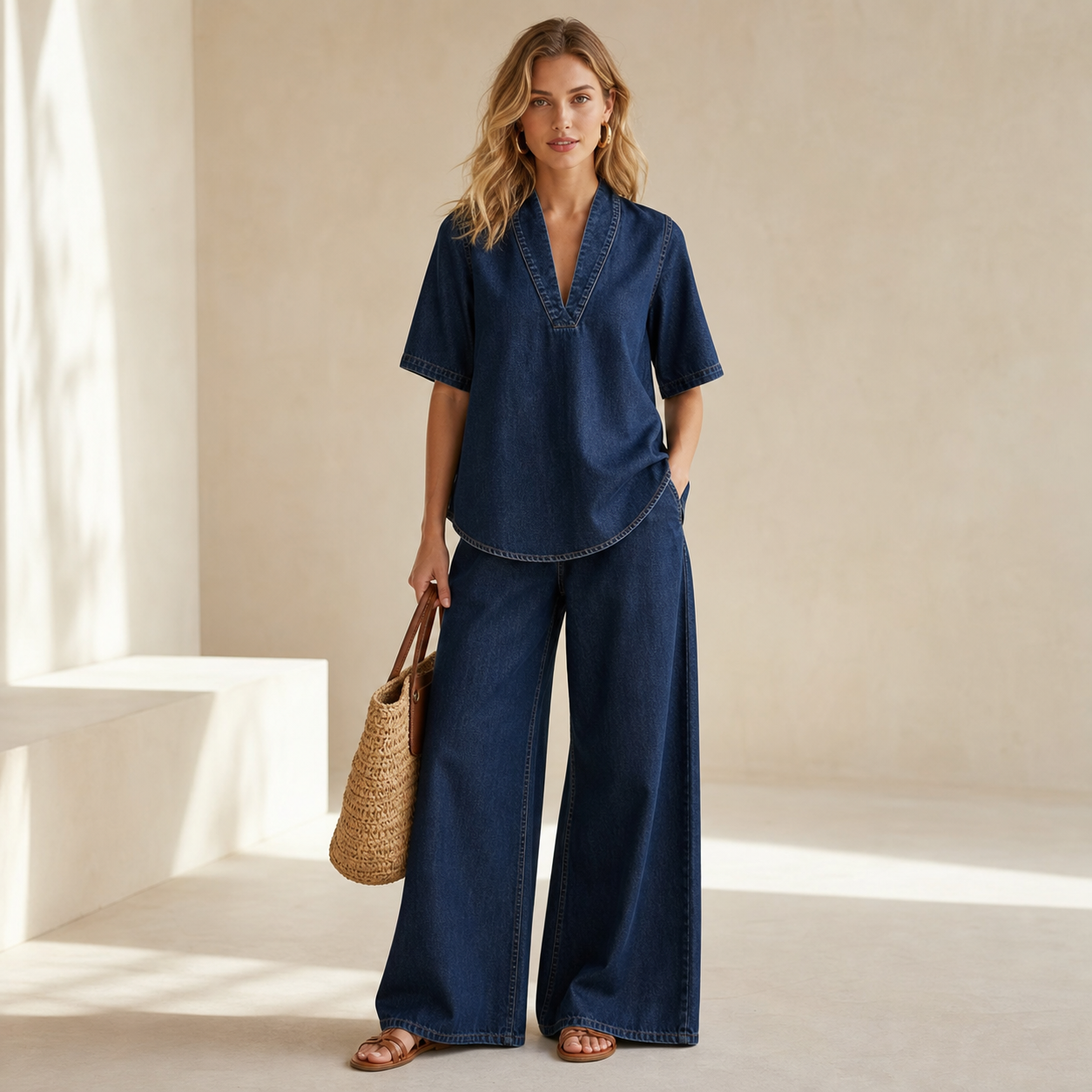 Dark Indigo Denim women's denim V-neck wide-leg two-piece set