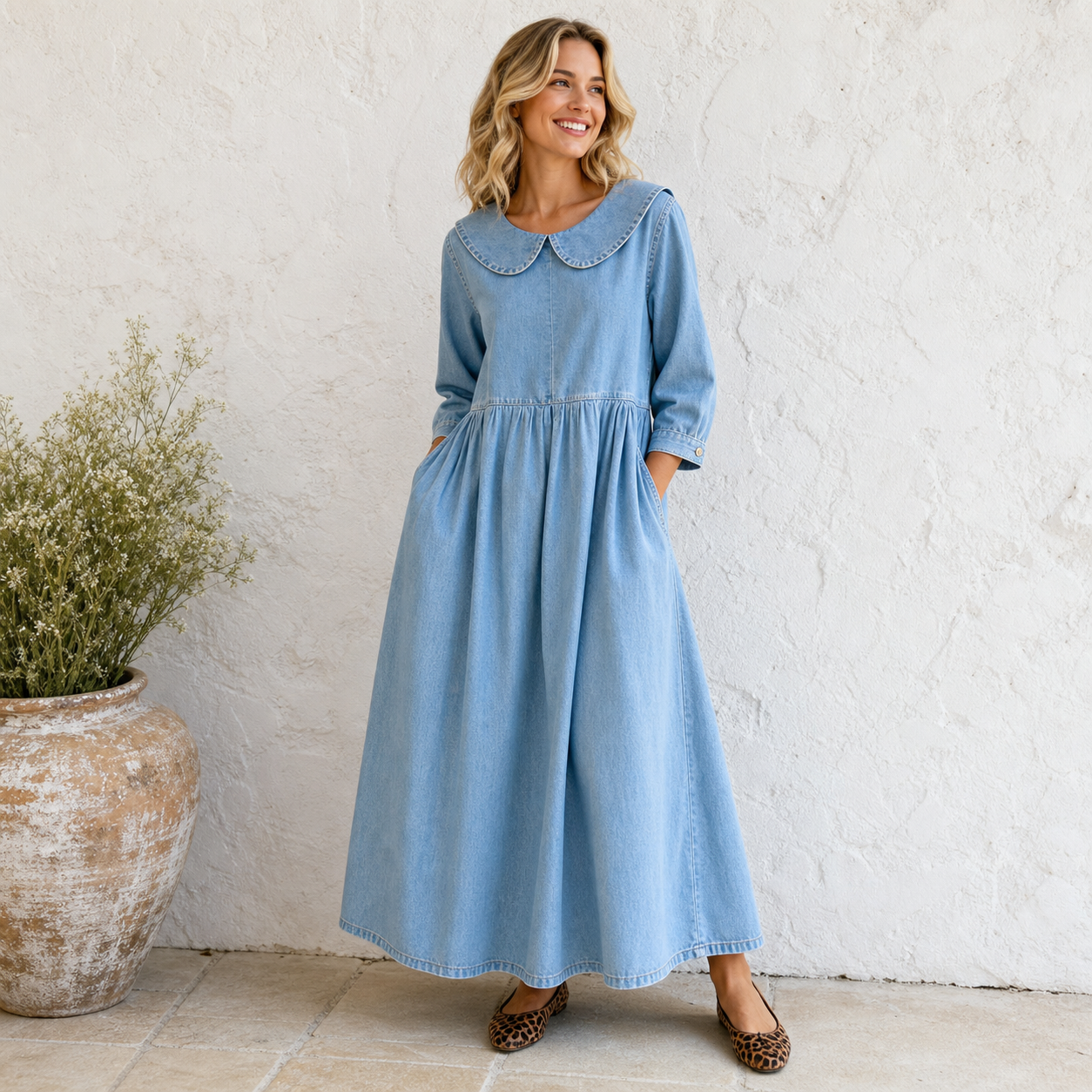 Denim Blue women's Peter Pan collar denim maxi dress