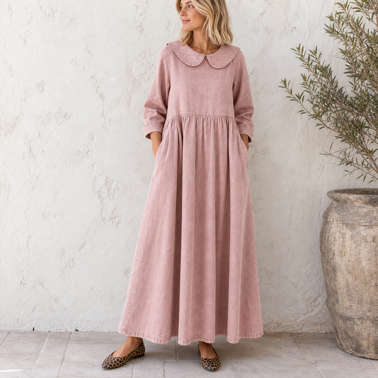 Dusty Pink women's Peter Pan collar denim maxi dress