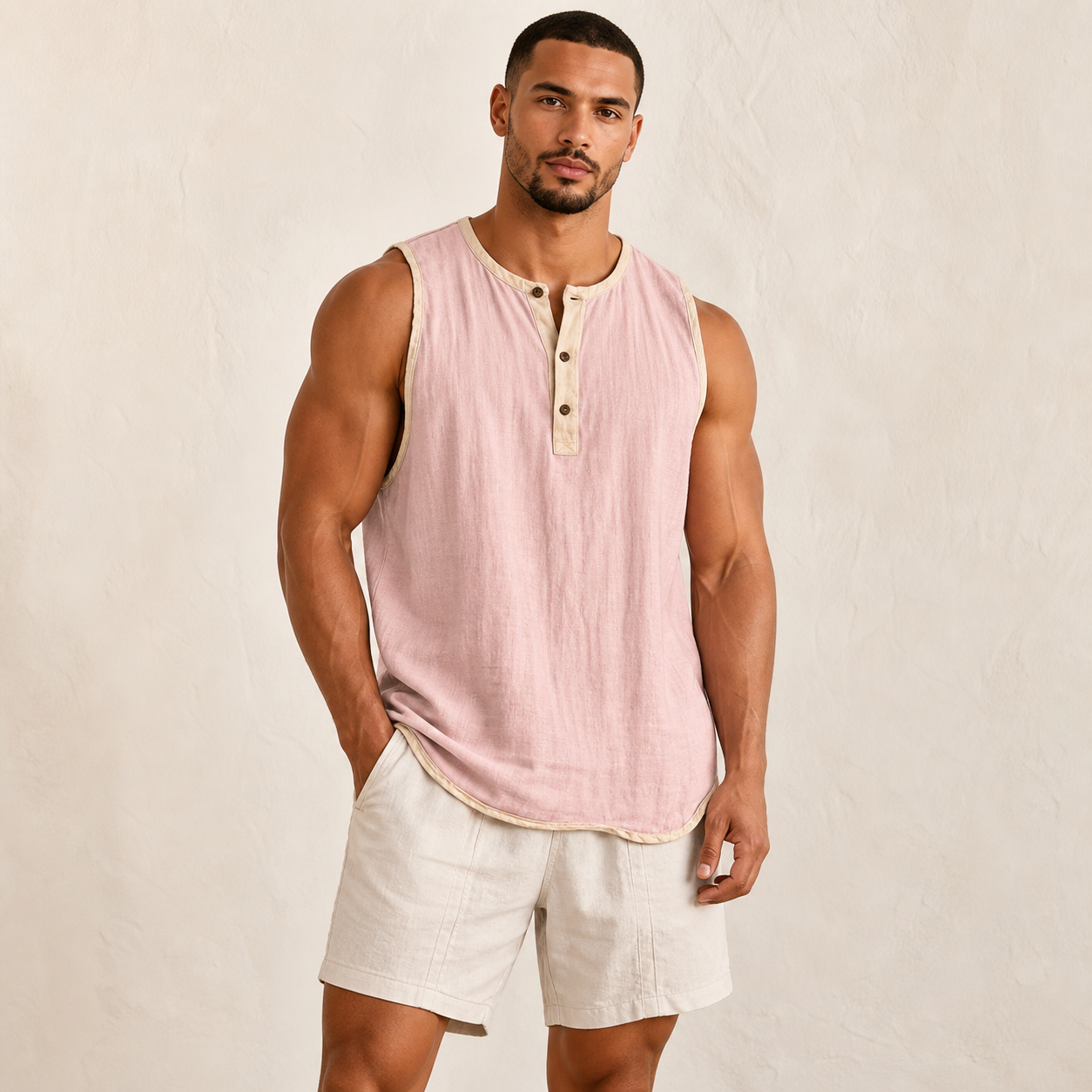 Dusty Pink men's sleeveless henley tank top