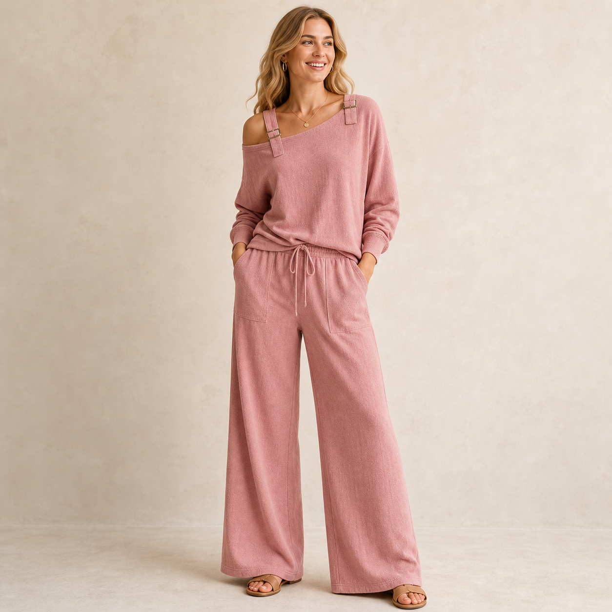 Dusty Rose women's off shoulder buckle lounge set
