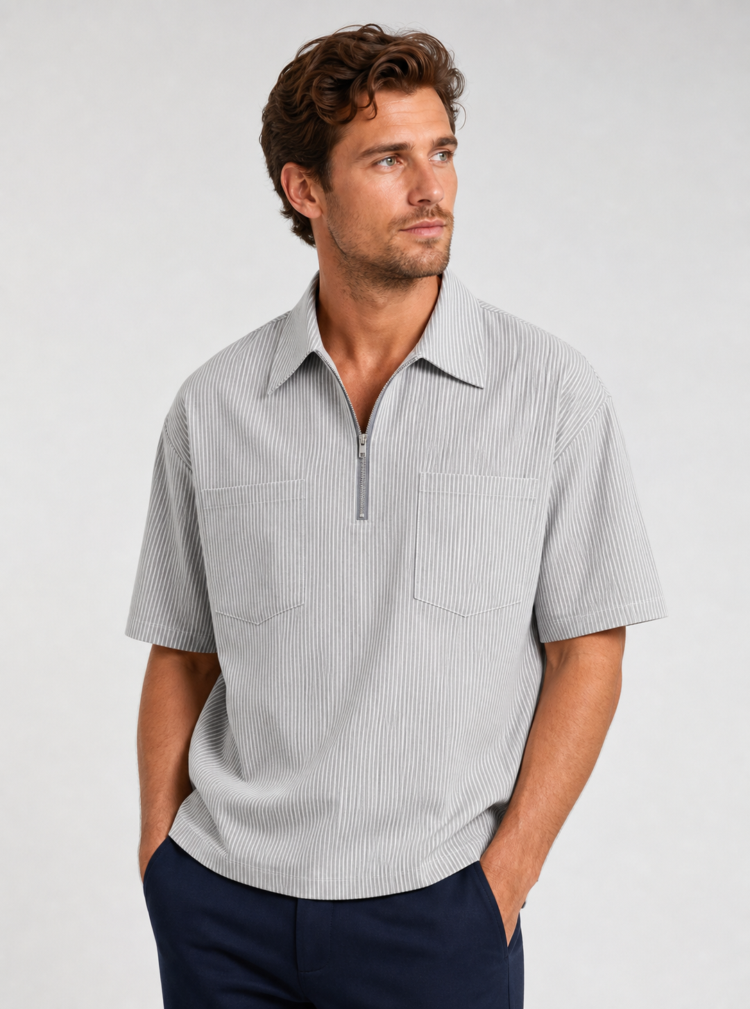 Gray men's striped quarter zip shirt