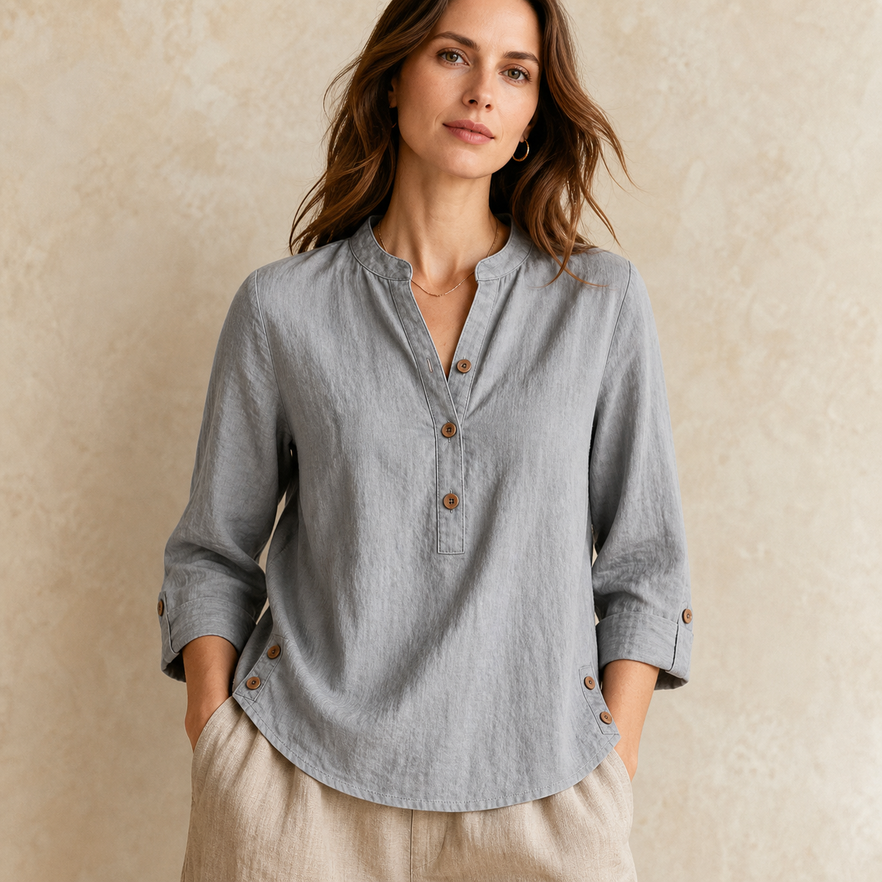 Gray women's washed cotton linen band collar blouse