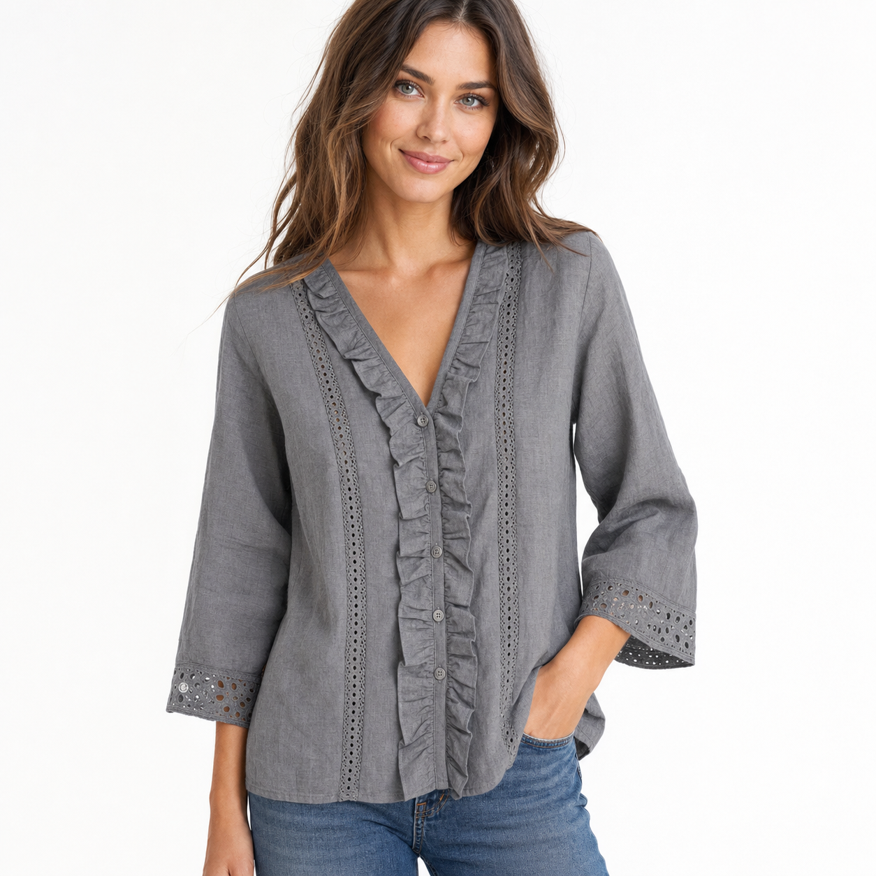 Gray women's linen lace ruffle V-neck blouse