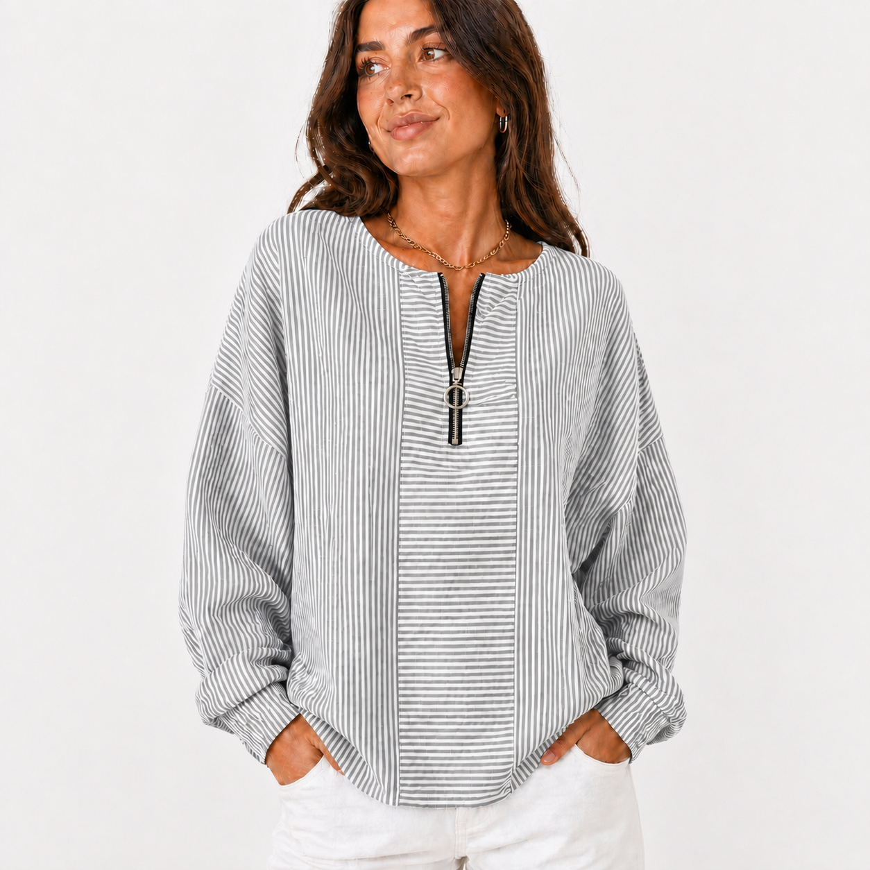 Gray Stripe women's striped zip-neck pullover