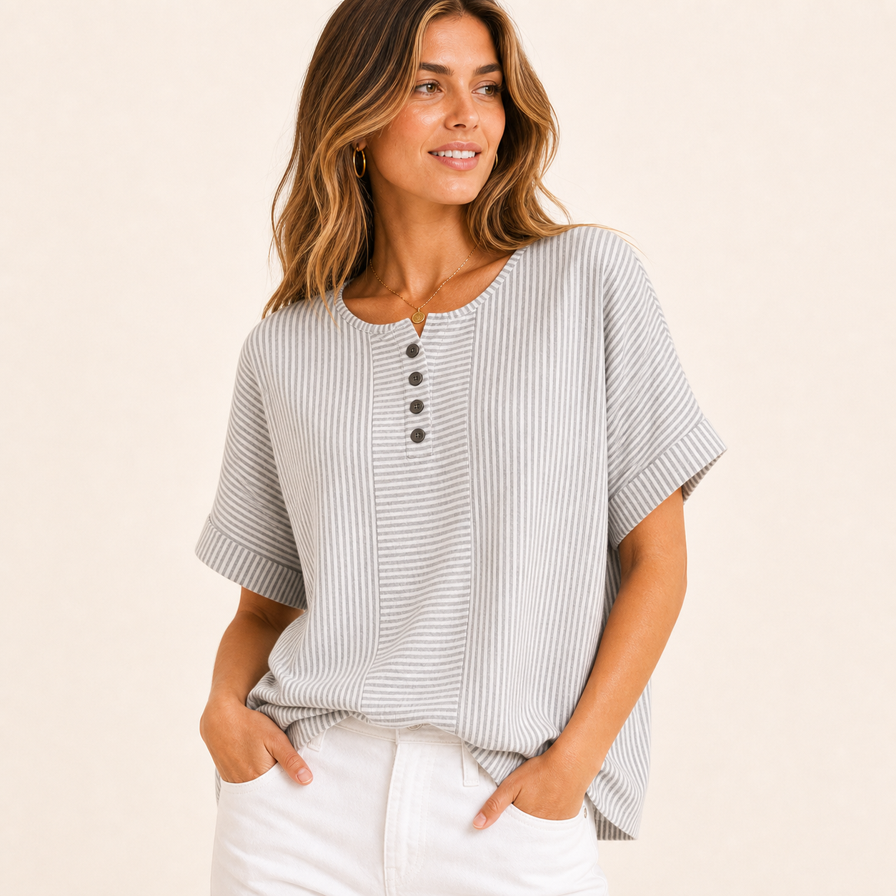 Gray Stripe women's striped button henley top