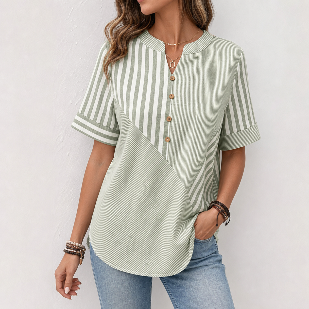 Green women's striped patchwork button blouse