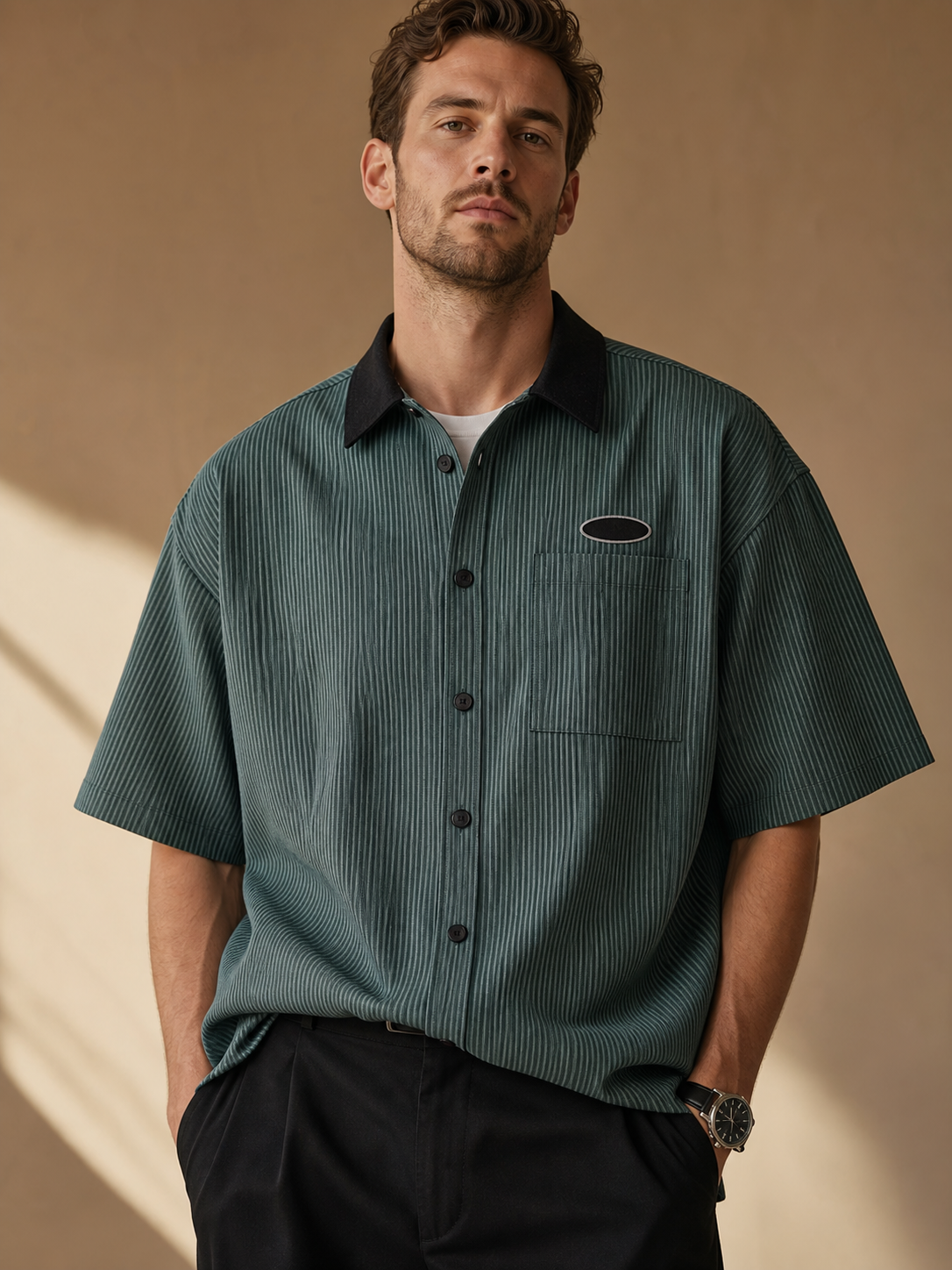 Green men's striped button shirt