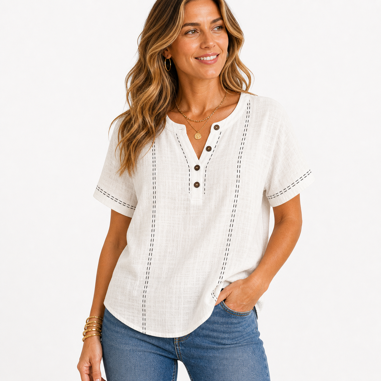 Ivory White women's contrast stitch Henley top