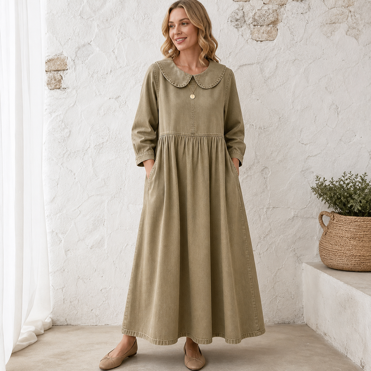 Khaki women's Peter Pan collar denim maxi dress