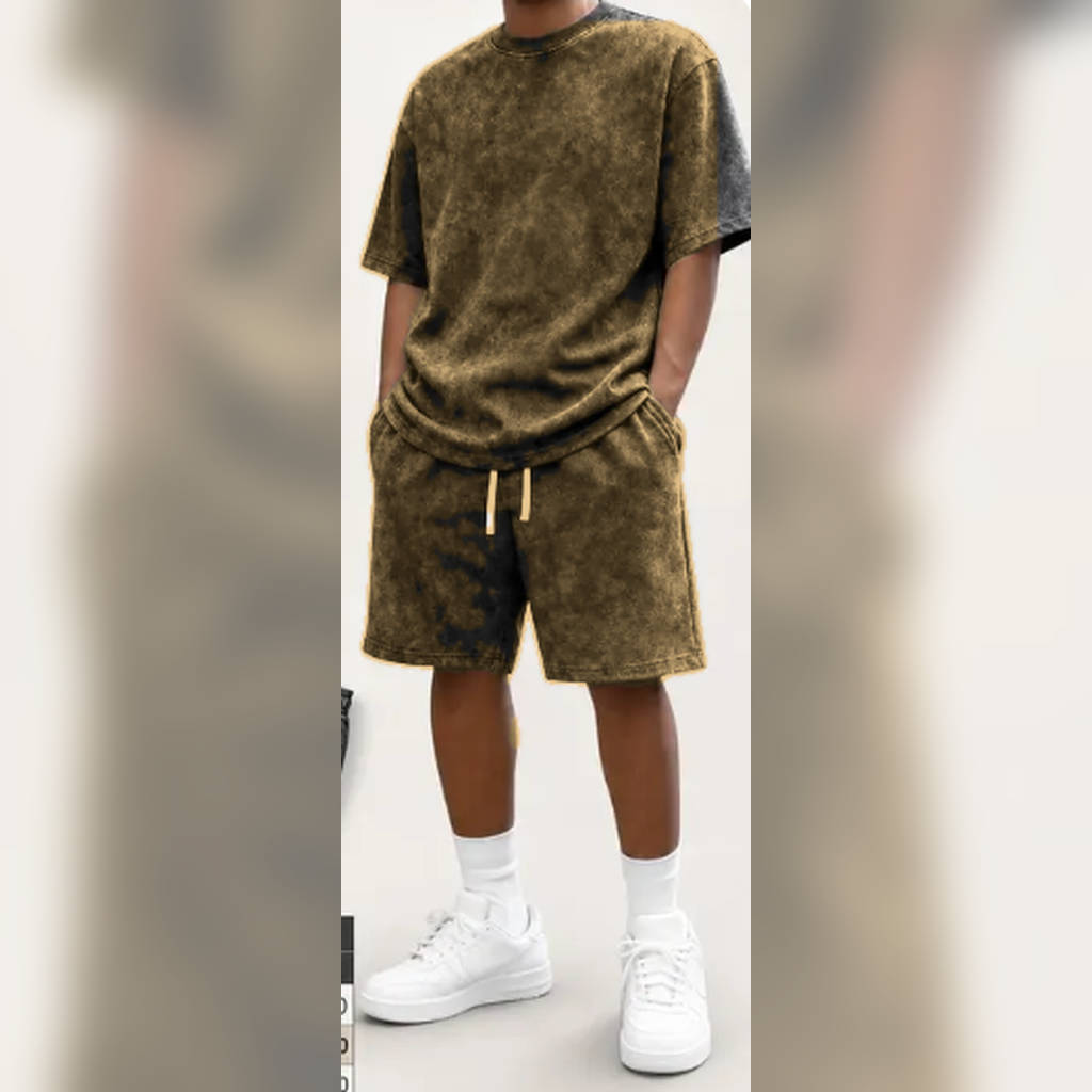 Khaki men's washed tee and shorts set model