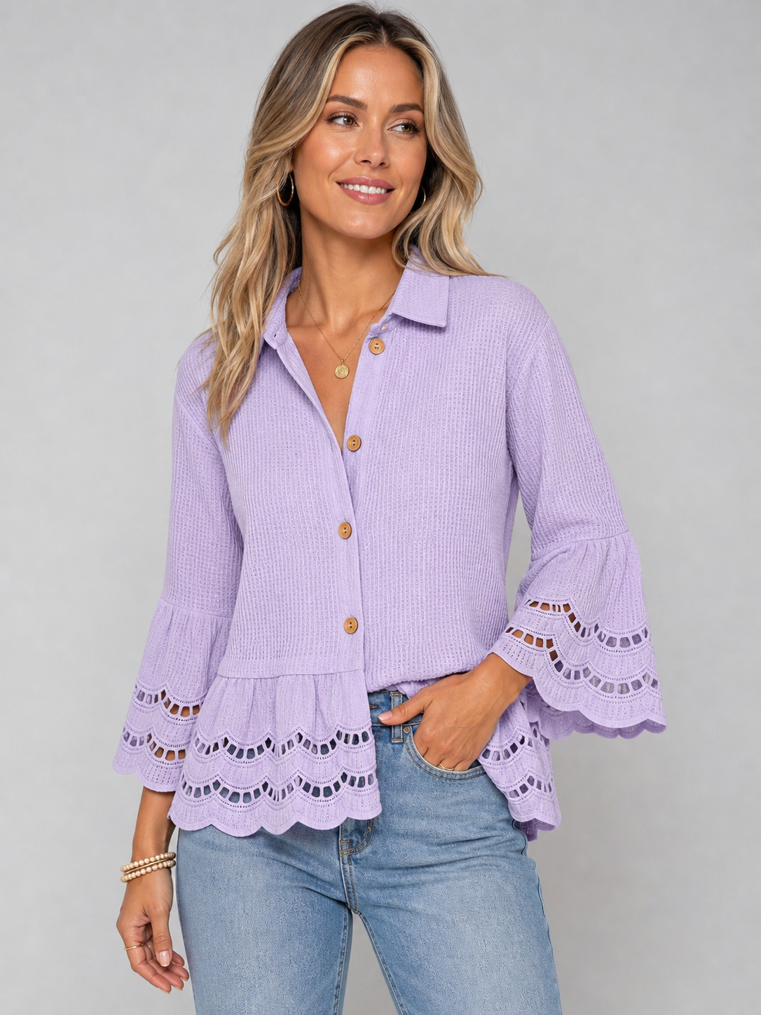 Lavender women's lace trim button blouse