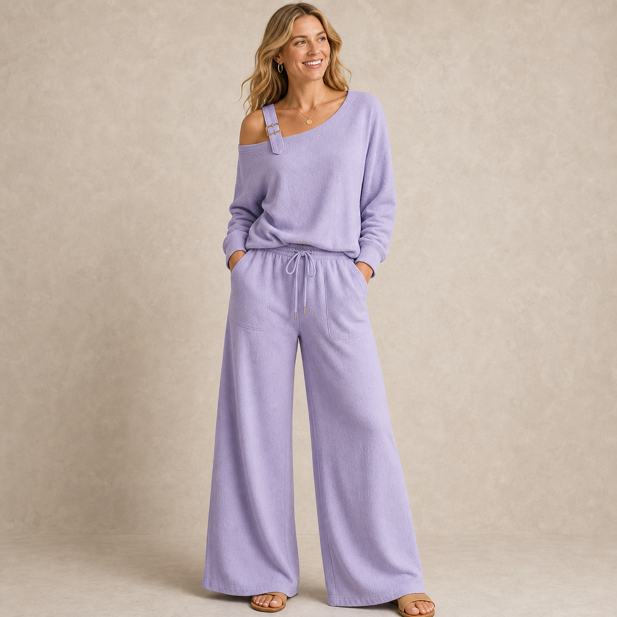 Lavender women's off shoulder buckle lounge set