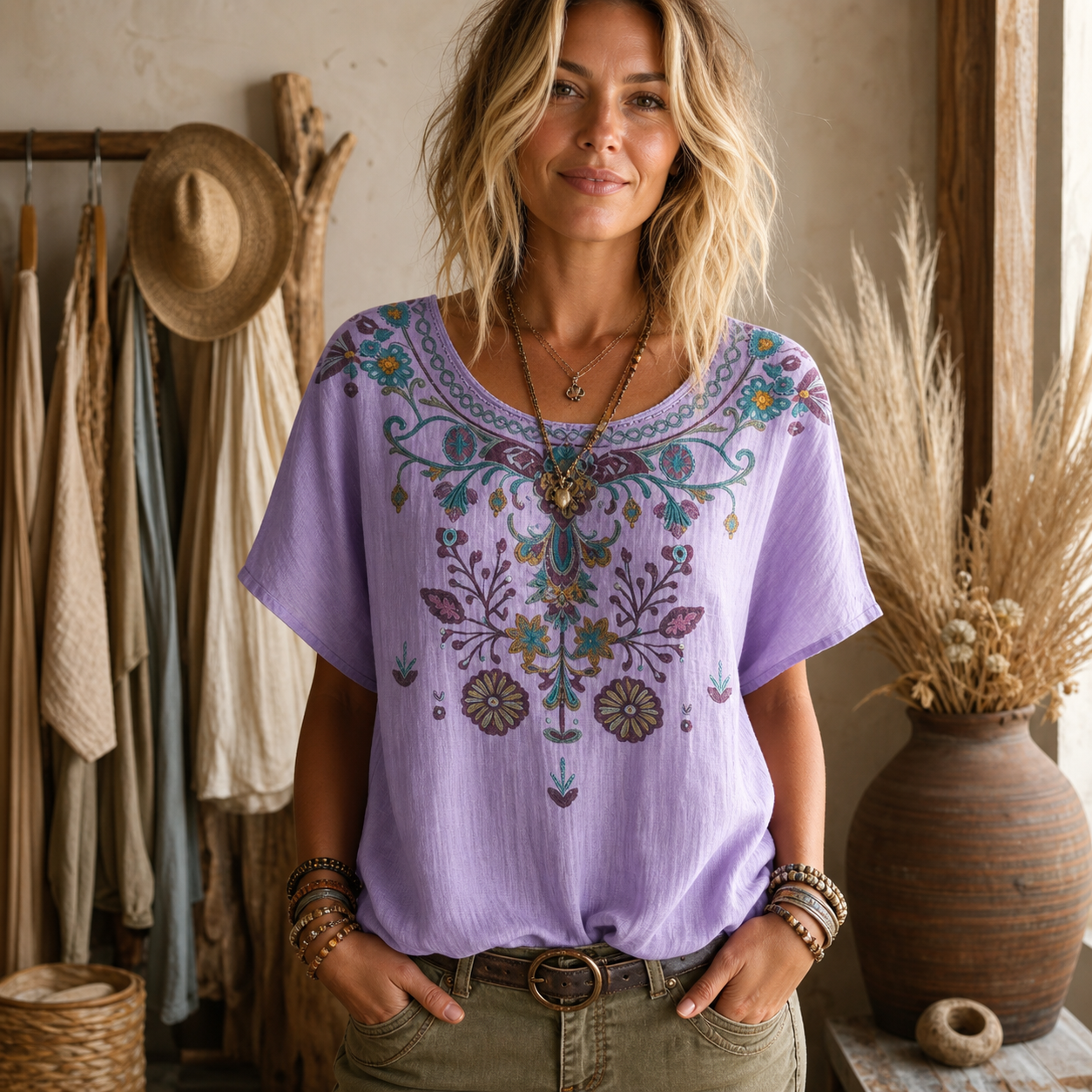 Lavender women's boho embroidered blouse