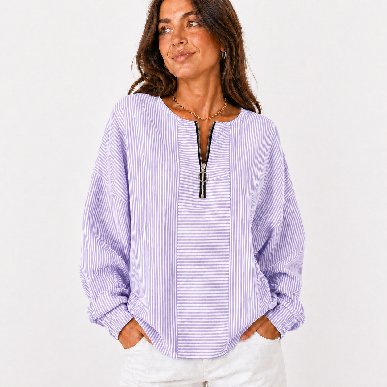 Lavender Stripe women's striped zip-neck pullover