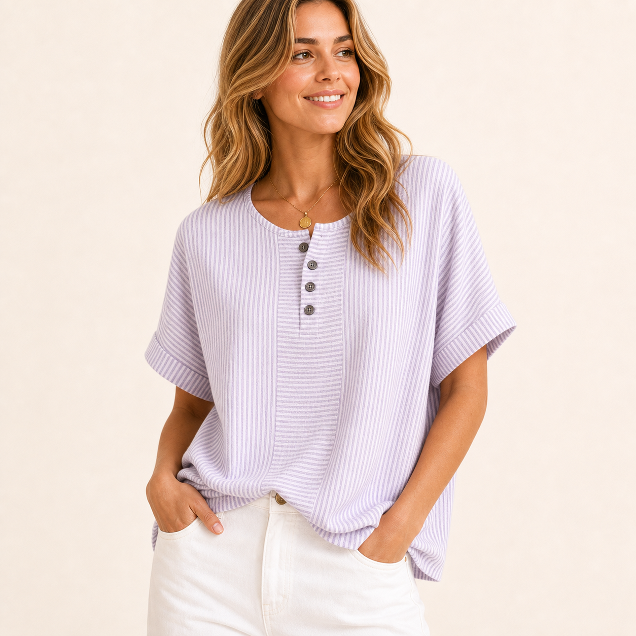 Lavender Stripe women's striped button henley top