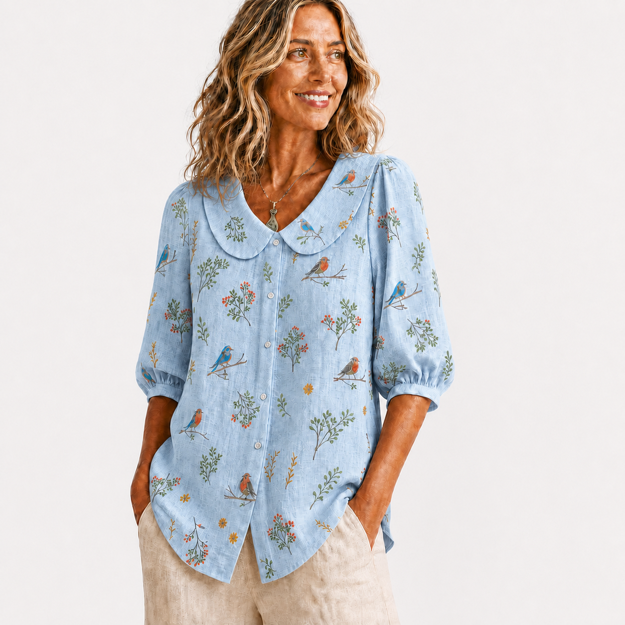 Light Blue women's bird botanical collar blouse