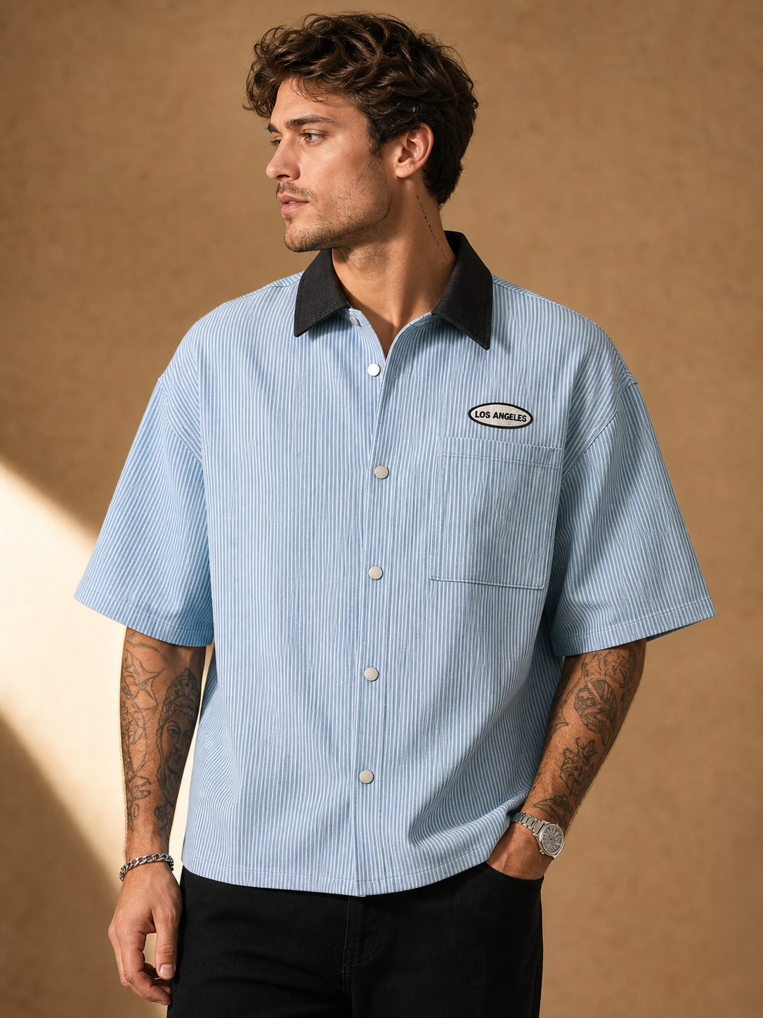 Light Blue men's striped button shirt