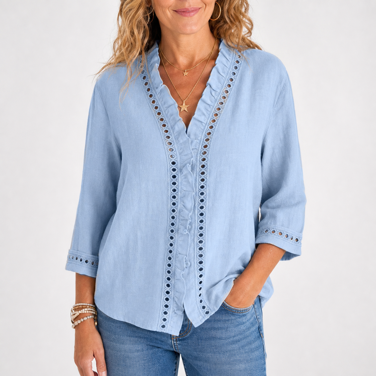 Light Blue women's linen lace ruffle V-neck blouse