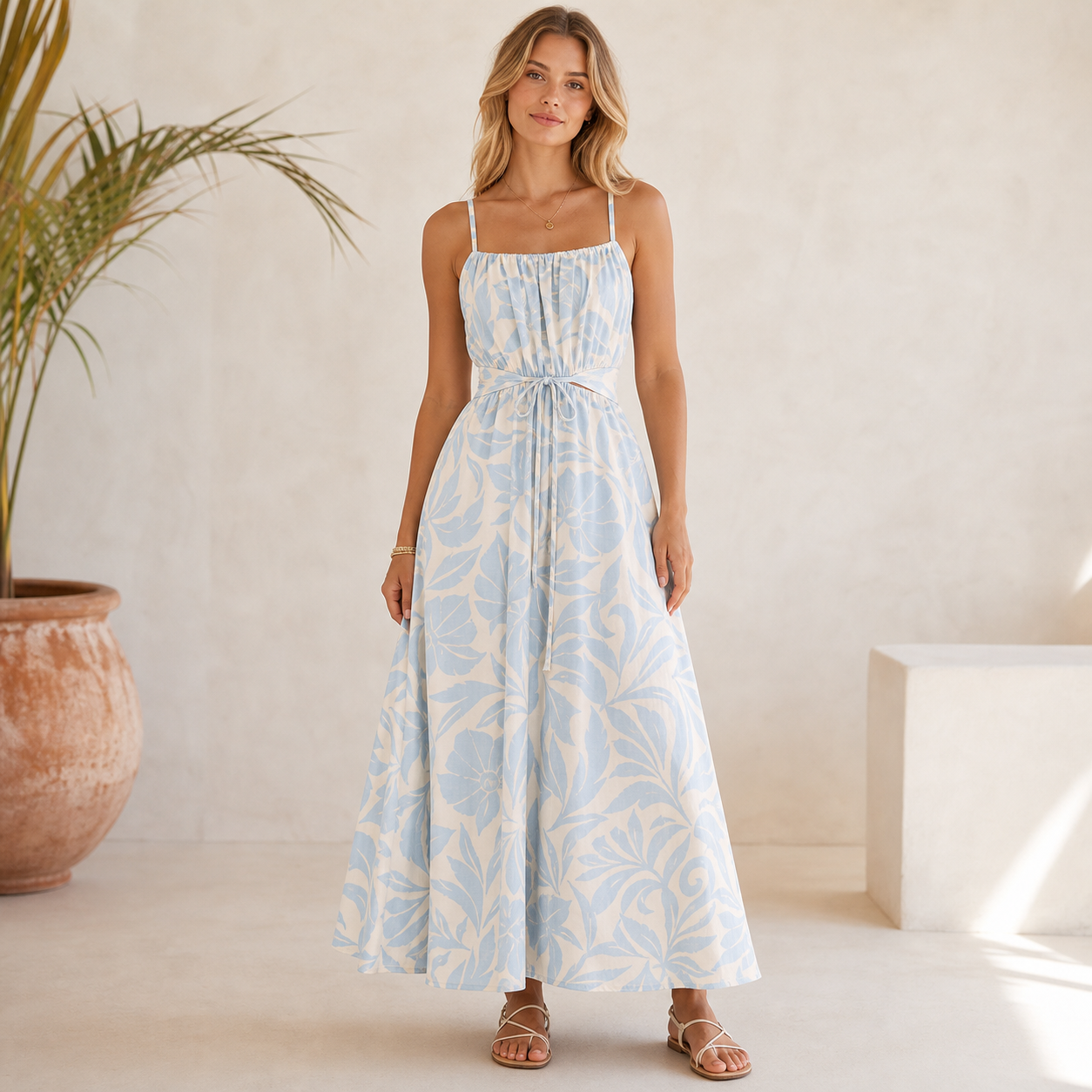 Light Blue Leaf women's tropical print cami maxi dress