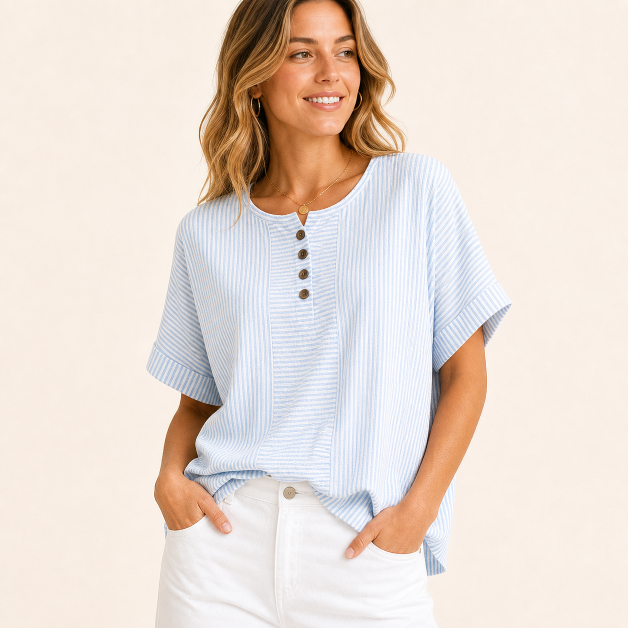 Light Blue Stripe women's striped button henley top