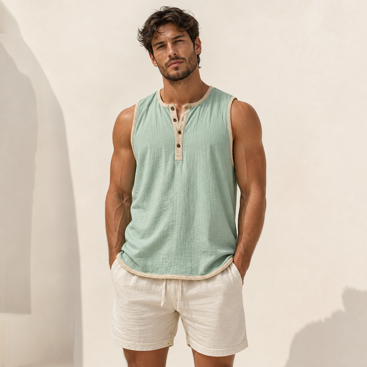 Mint Green men's sleeveless henley tank top