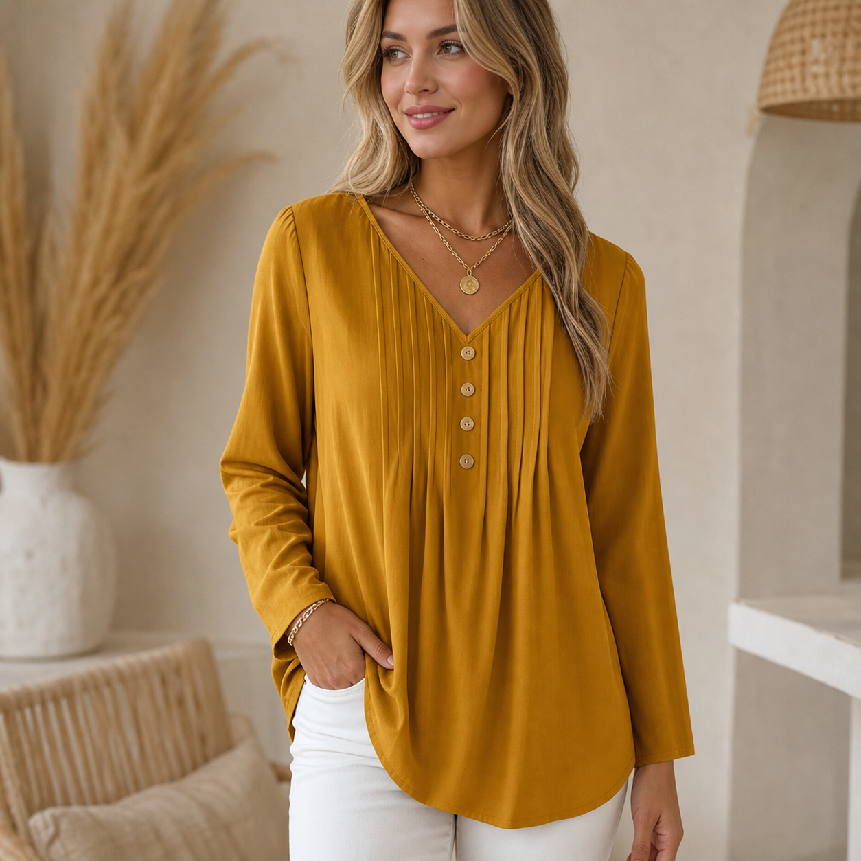 Mustard women's v-neck pleated button blouse