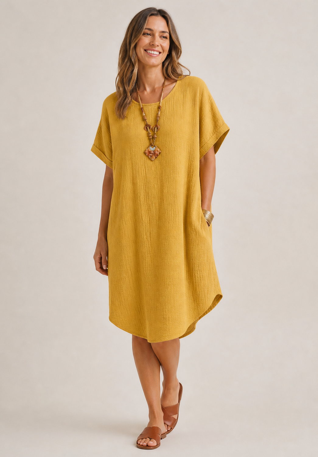 Mustard women's loose cotton linen shift dress