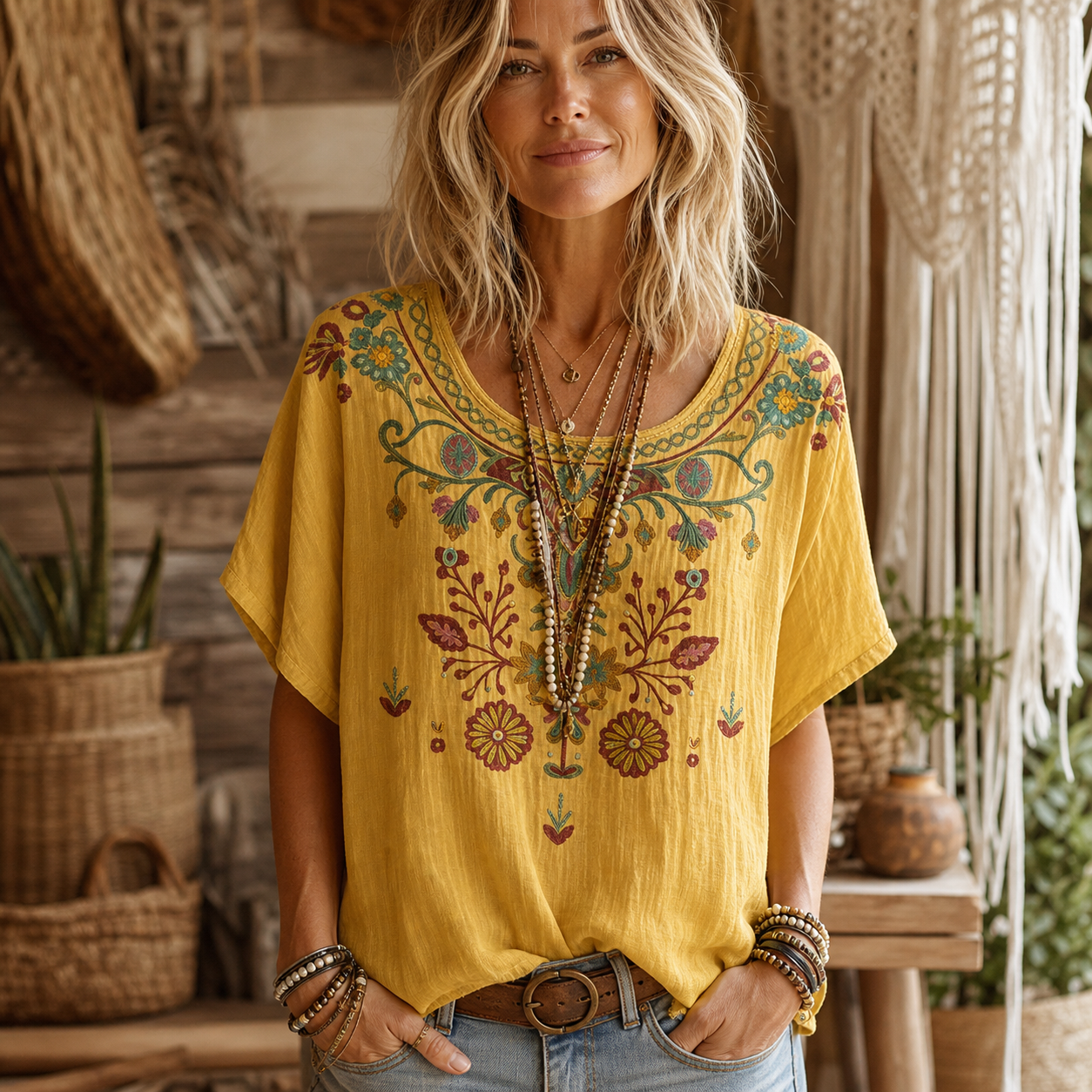 Mustard Yellow women's boho embroidered blouse