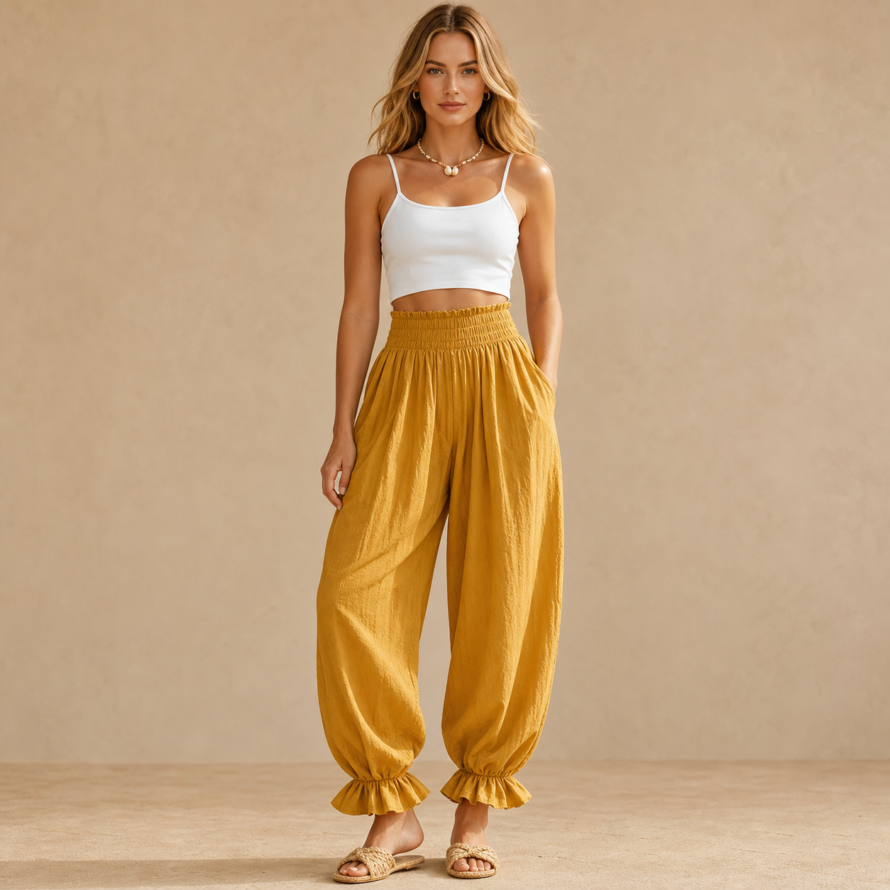 Mustard women's smocked waist ruffle hem harem pants