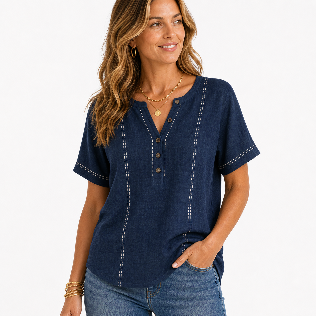 Navy women's contrast stitch Henley top
