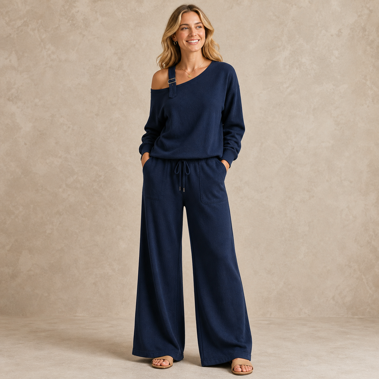 Navy women's off shoulder buckle lounge set
