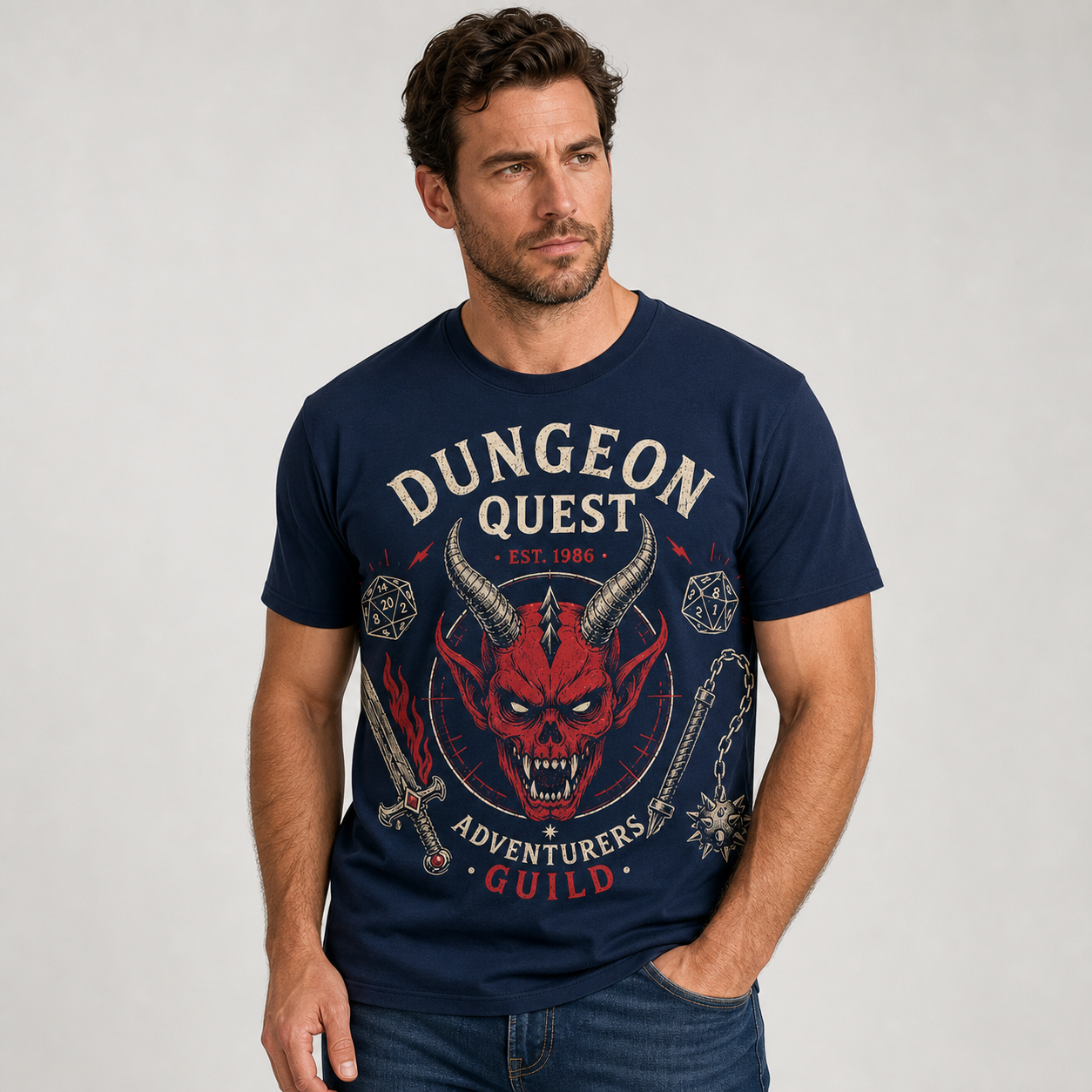 Navy men's dungeon quest graphic tee