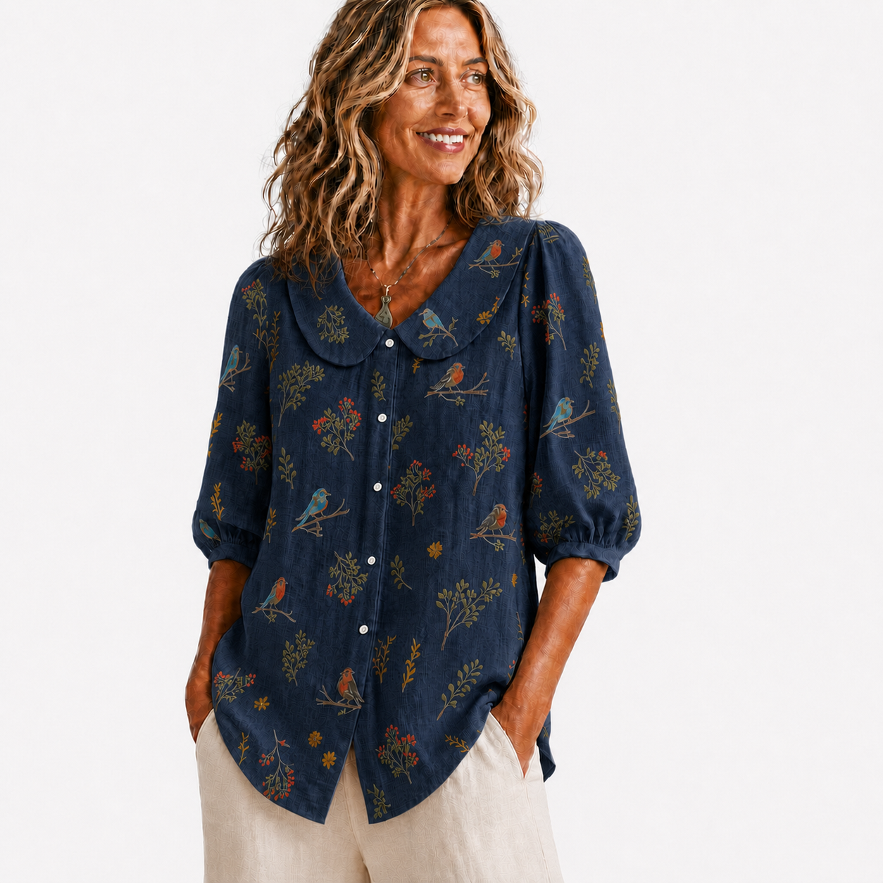 Navy women's bird botanical collar blouse