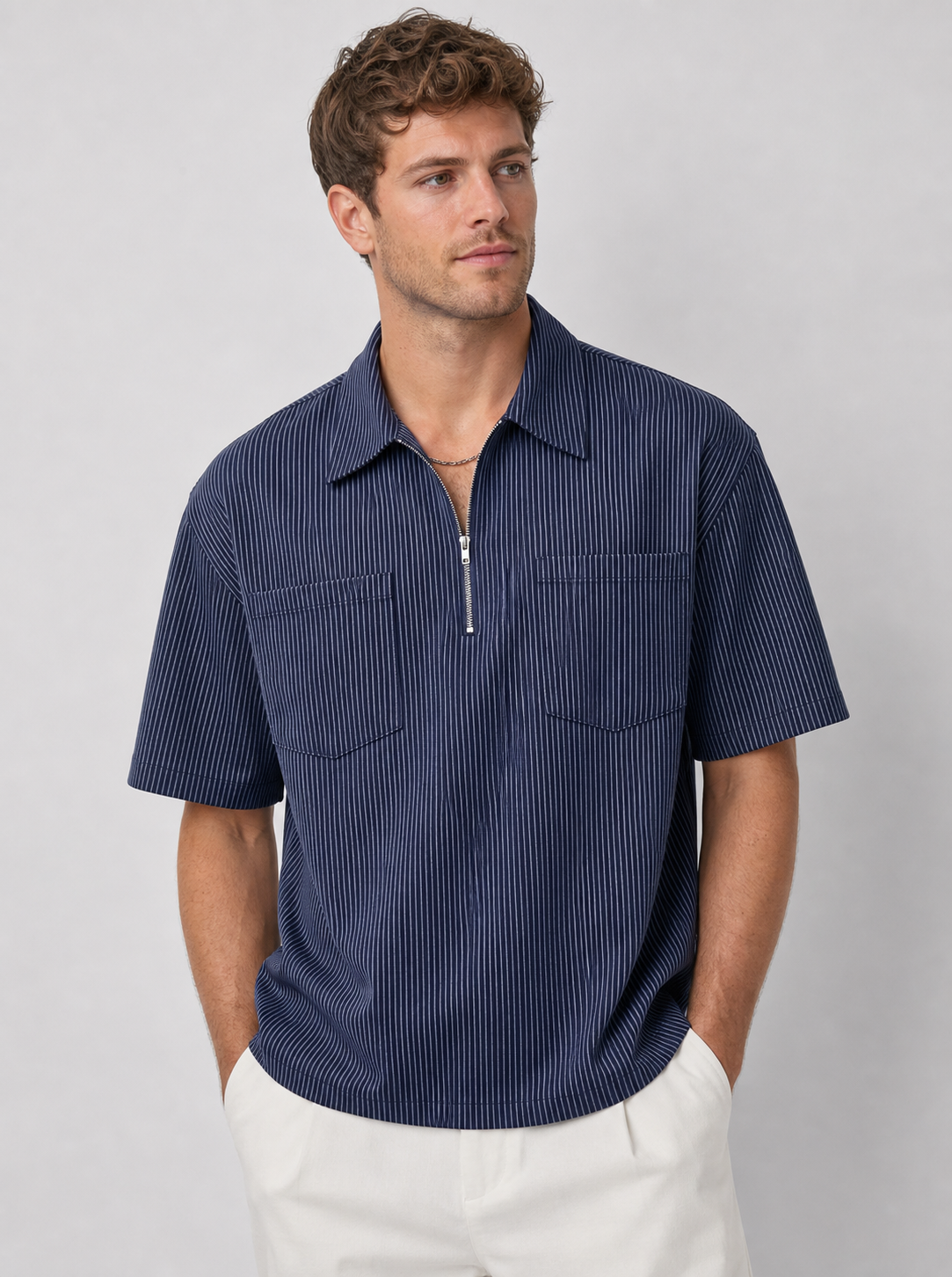 Navy men's striped quarter zip shirt