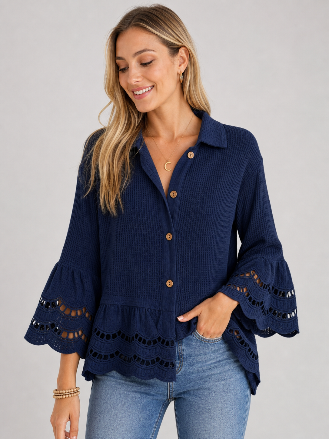Navy women's lace trim button blouse