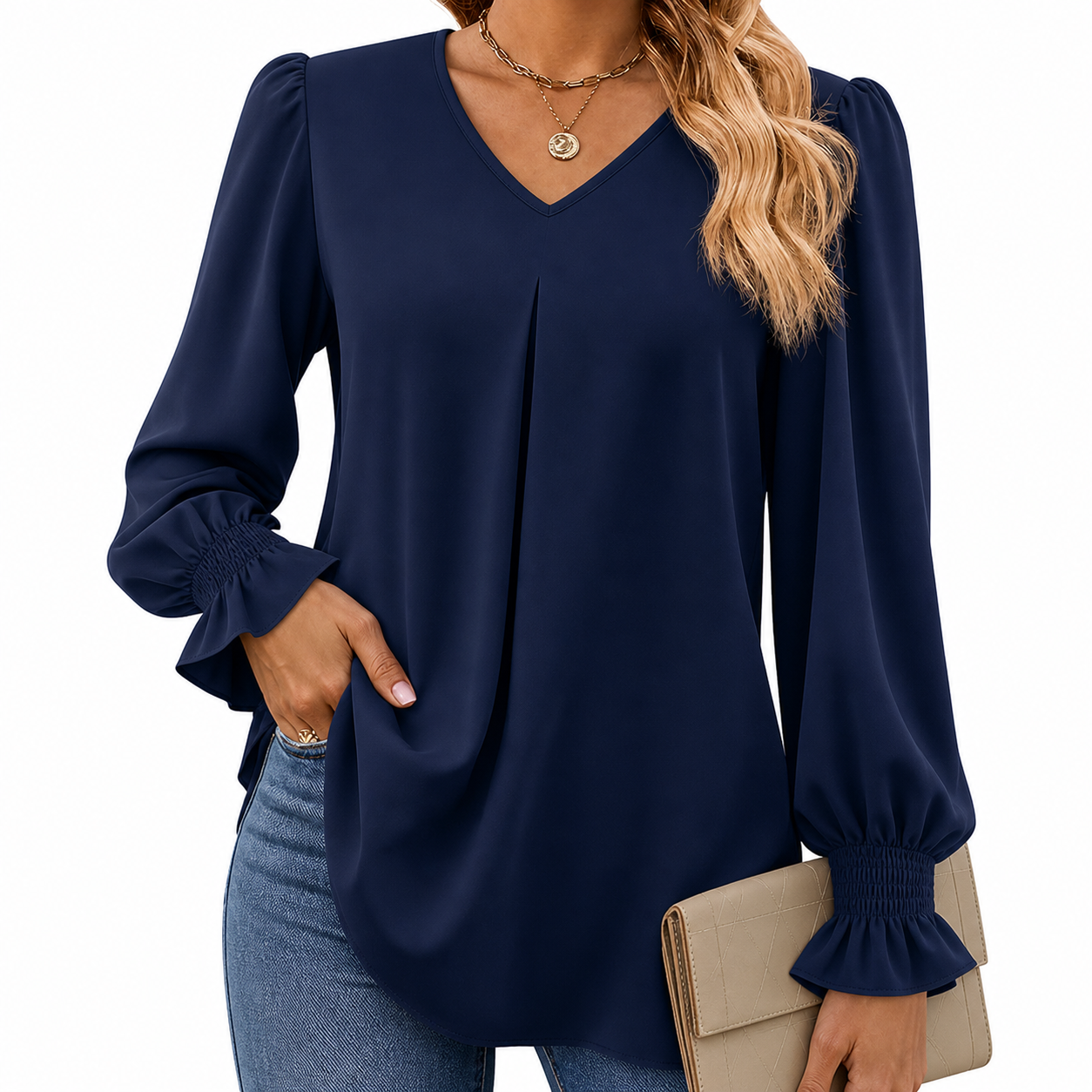 Navy women's V-neck pleated sleeve blouse