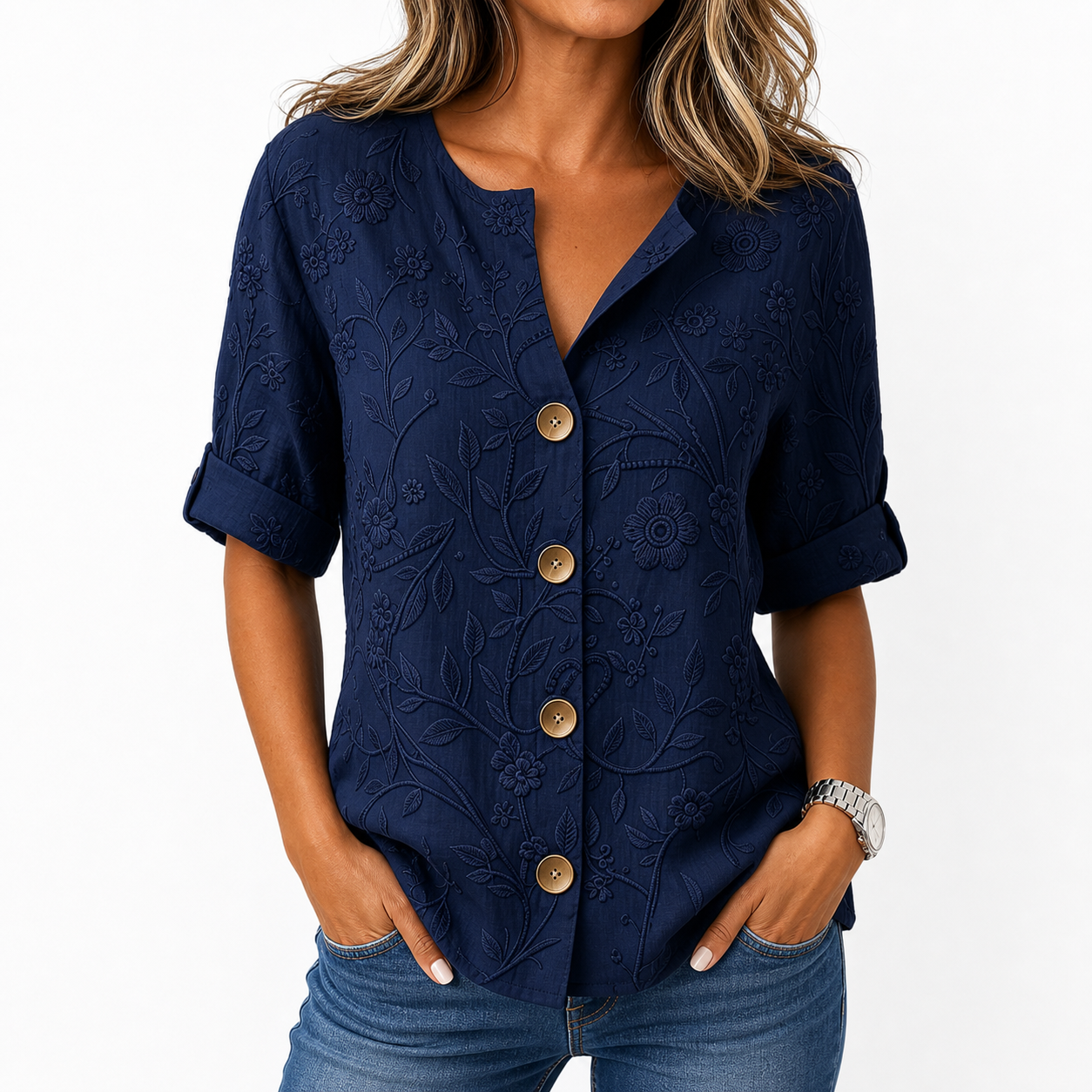 Navy women's embossed floral button shirt