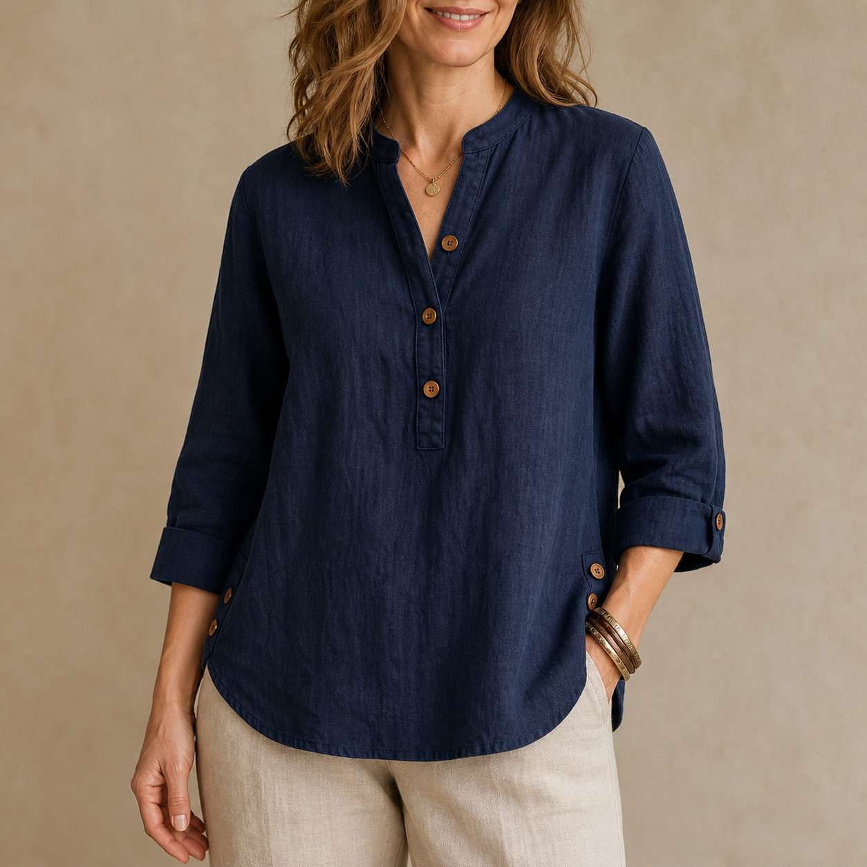 Navy women's washed cotton linen band collar blouse