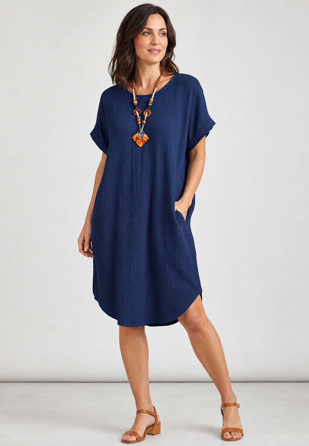 Navy women's loose cotton linen shift dress