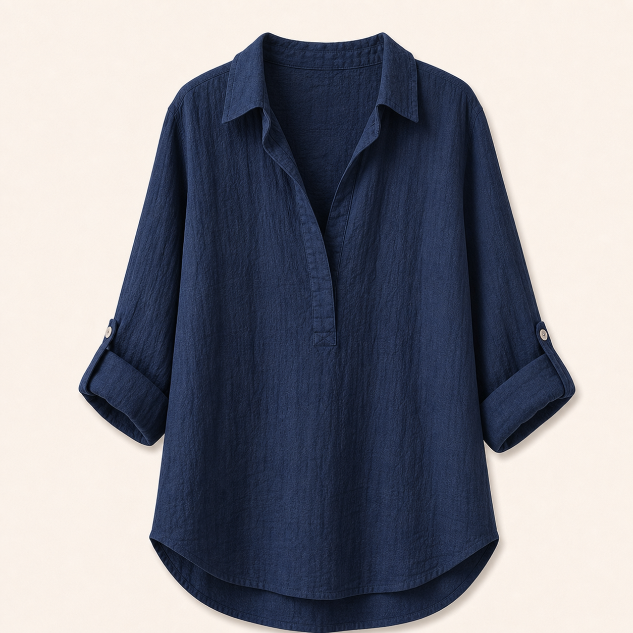 Navy women's linen roll-sleeve tunic shirt