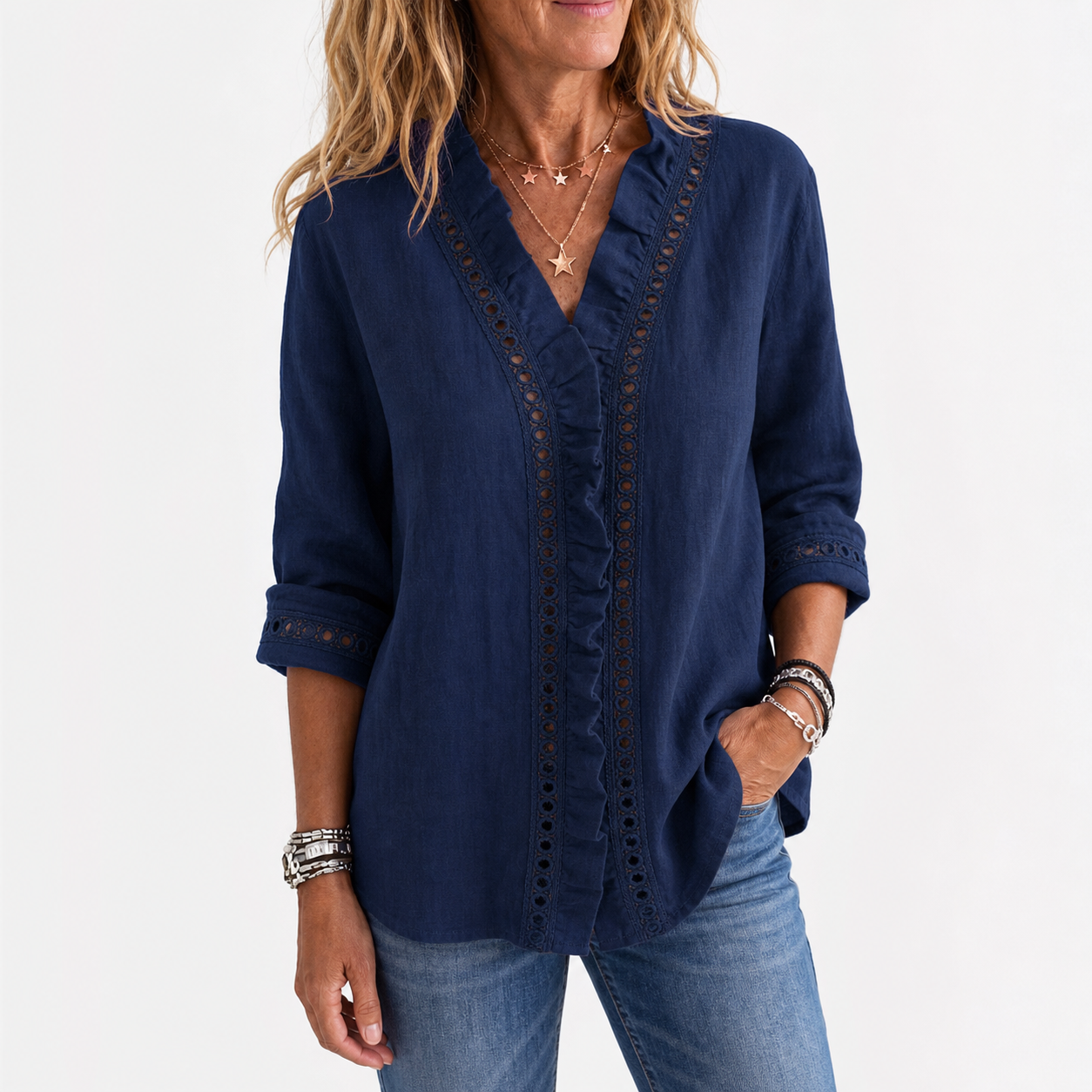 Navy women's linen lace ruffle V-neck blouse