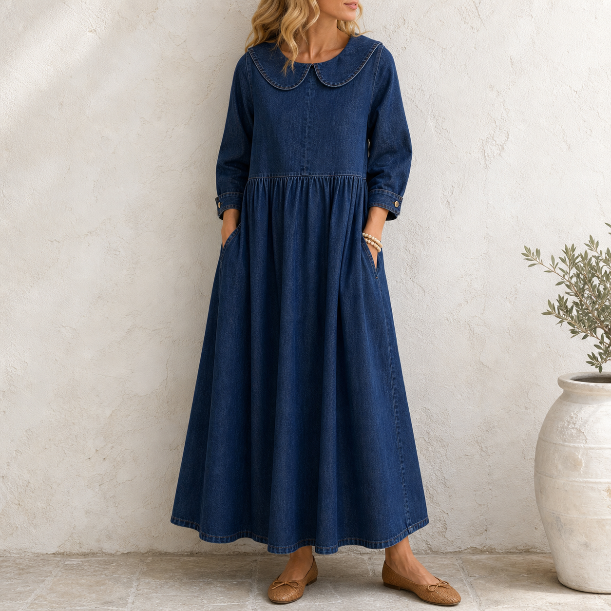 Navy women's Peter Pan collar denim maxi dress